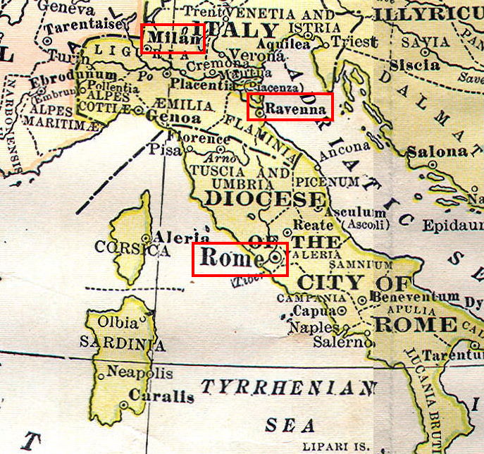 Mediolan, Rawenna i Rzym na mapie Italii w IV wieku n.e.