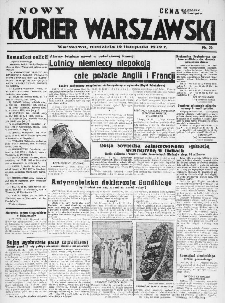 Pierwsza strona "Nowego Kuriera Warszawskiego" z 19 listopada 1939 roku. Wydrukowano na niej listę ofiar egzekucji w Natolinie (domena publiczna).