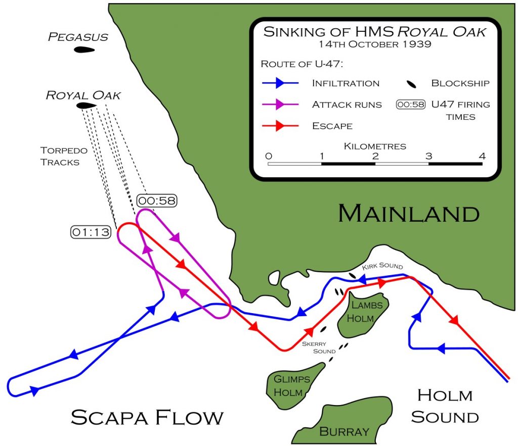 Przebieg ataku Priena w Scapa Flow (BillC/CC BY-SA 3.0).