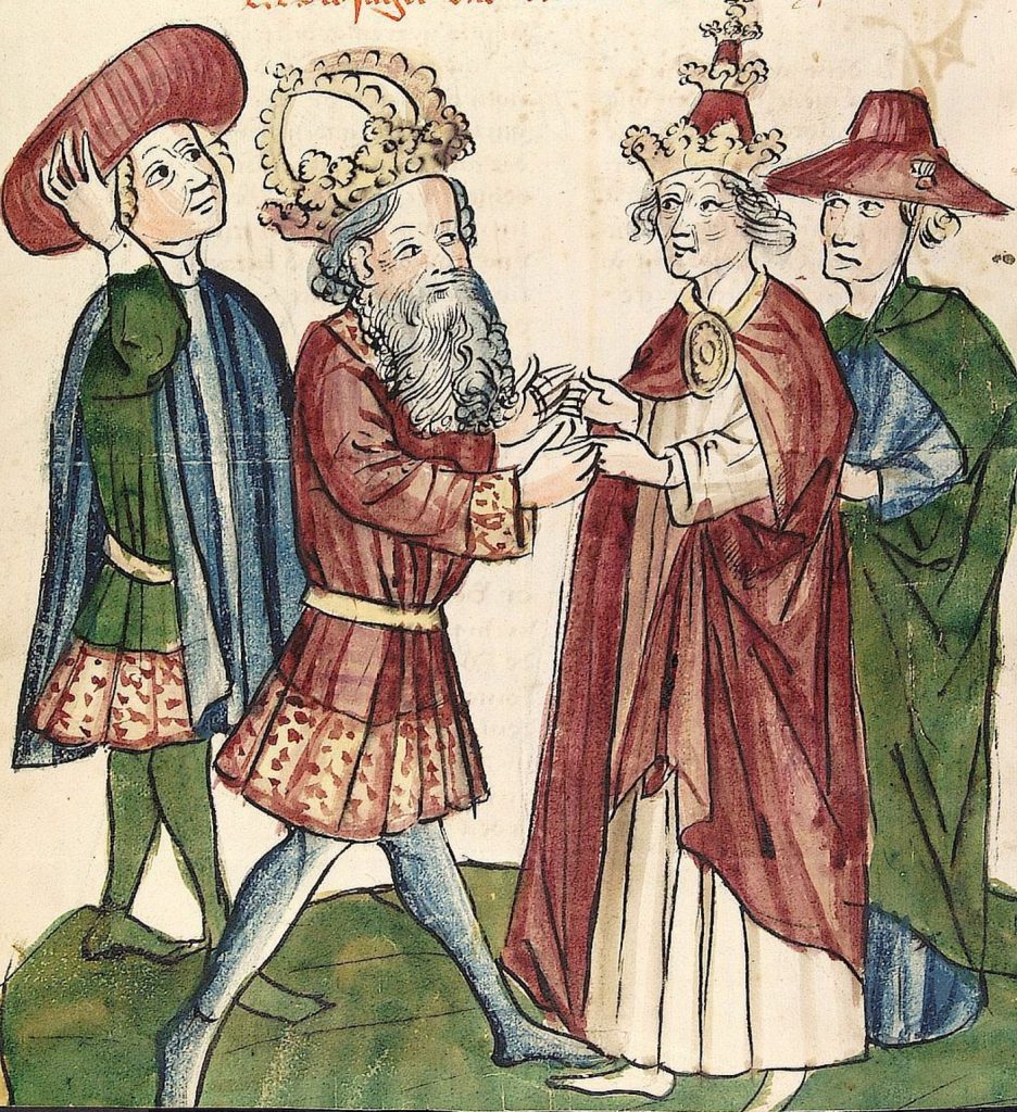 Wyobrażenie Ottona I i Jana XII na rycie z połowy XIV wieku (domena publiczna).