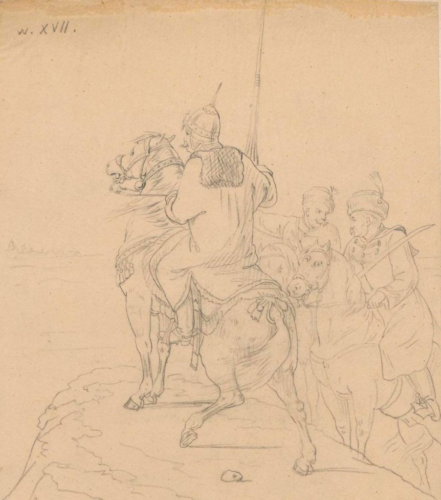 Szkic Aleksandra Lessera przedsrawiający wojownik tatarski w służbie Rzeczpospolitej oraz dwóch szlachciców (domena publiczna).