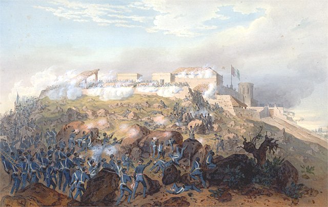 Walki o twierdzę Chapultepec w Mexico City. Grafika z 1851 roku.