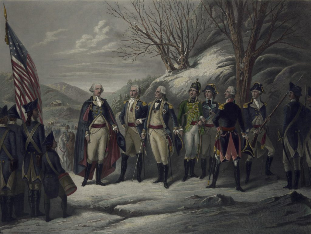 Bohaterowie rewolucji. Rysunek Fredericka Girscha. Pierwszy od lewej Waszyngton, czwarty Pułaski, a piąty Kościuszko (domena publiczna).
