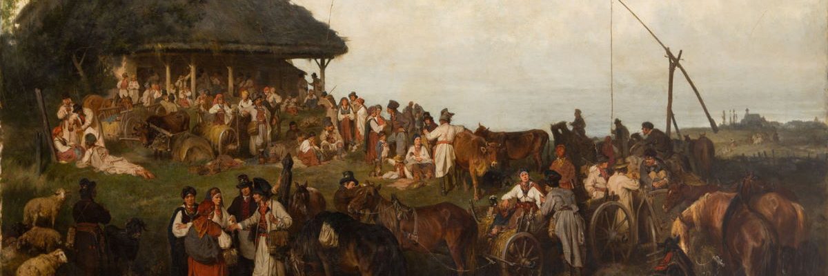 Chłopi przed karczmą w Drzewicy. XIX-wieczny obraz Józefa Brandta.