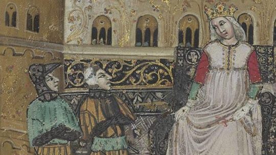 Dworzanie przed królową. Włoska miniatura z XIV wieku