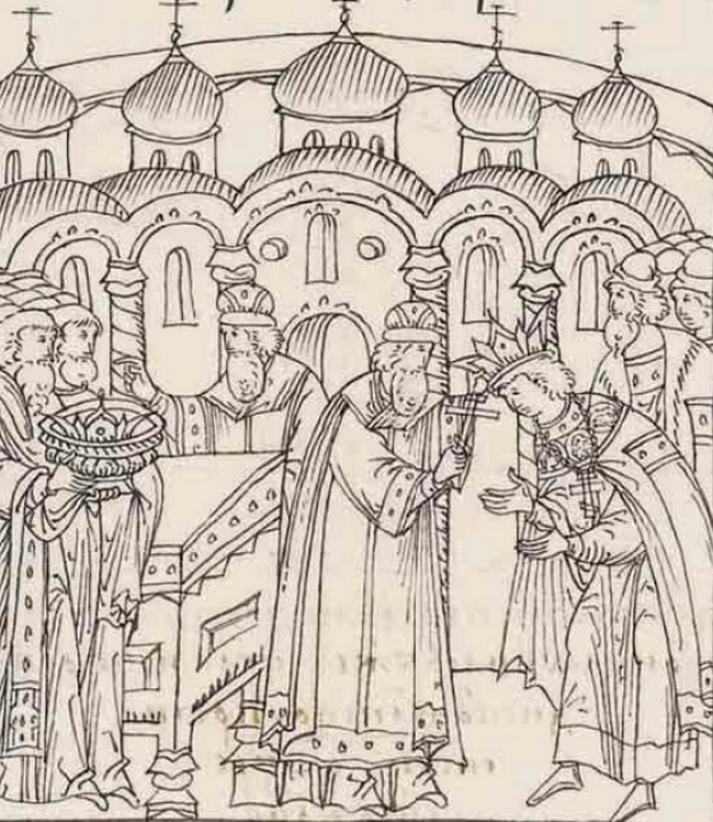 Iwan w 1547 roku koronowany na cara Wszechchrusi (domena publiczna).