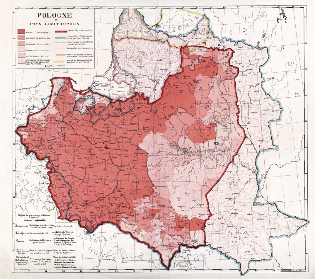 Polskie postulaty terytorialne na paryskiej konferencji pokojowej (Linia Dmowskiego) nałożone na mapę etnograficzną regionu i granice I Rzeczypospolitej z 1772 (domena publiczna).