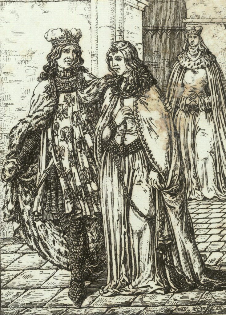 Przemysł II, jego przyszła druga żona Rycheza oraz Ludgarda na XIX-wiecznym rysunku Kajetana Wincentego Kielisińskiego (domena publiczna).