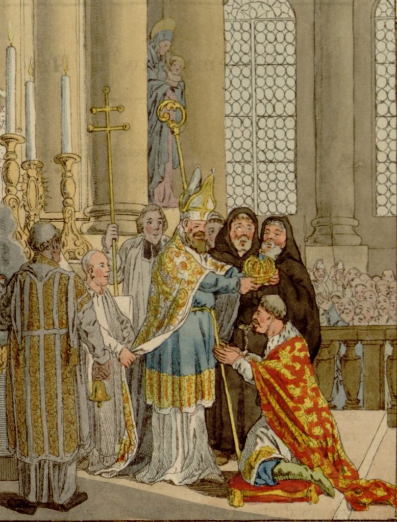 Relacje Przemysła II z arcybiskupem Jakubem Świną układały się doskonale. Na ilustracji XIX-wieczny rysunek przedstawiający koronację Przemysła (domena publiczna).
