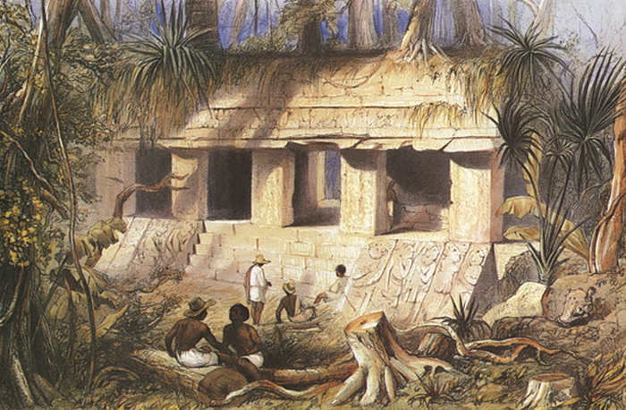 Ruiny pałacu w Palenque na XIX-wiecznej rycinie Frederica Catherwooda (domena publiczna).