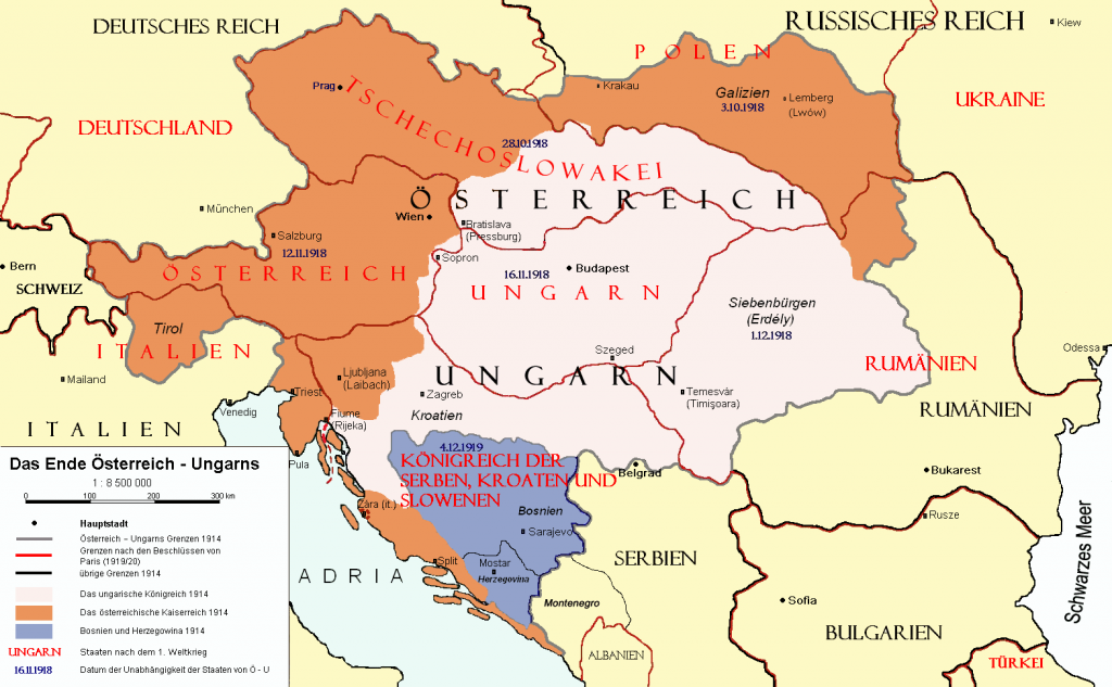 Straty terytorialne Austrii i Węgier po I wojnie światowej. Czerwonym kolorem zaznaczono granice po 1920 roku  (AlphaCentauri/AlphaCentauri).