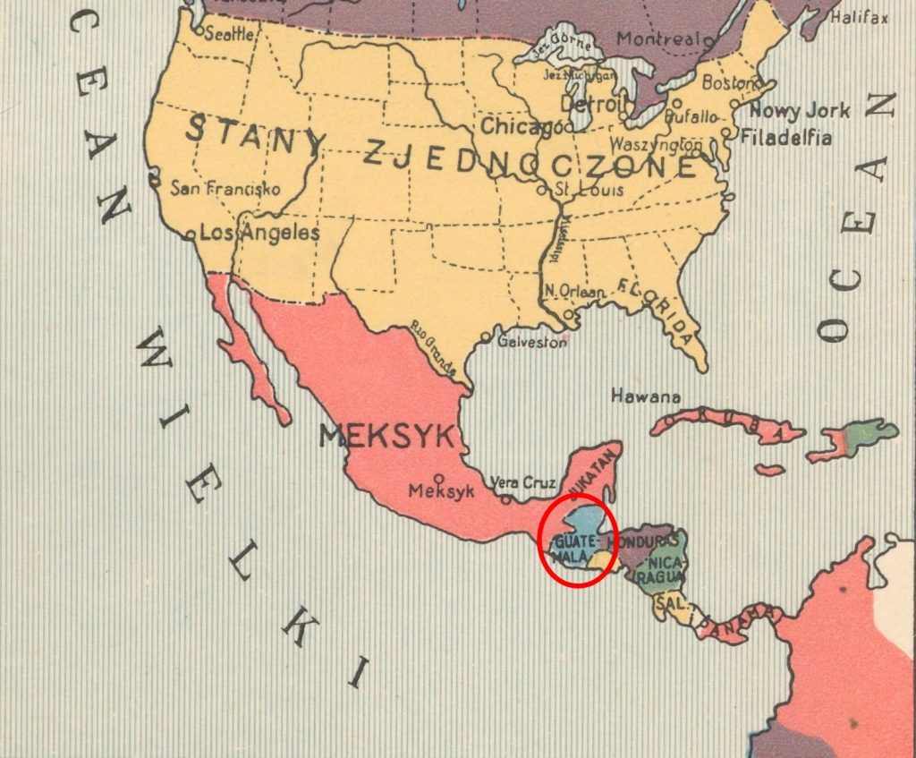Gwatemala (zaznaczona czerwonym kółkiem) na mapie z końca lat 30. XX wieku (domena publiczna).