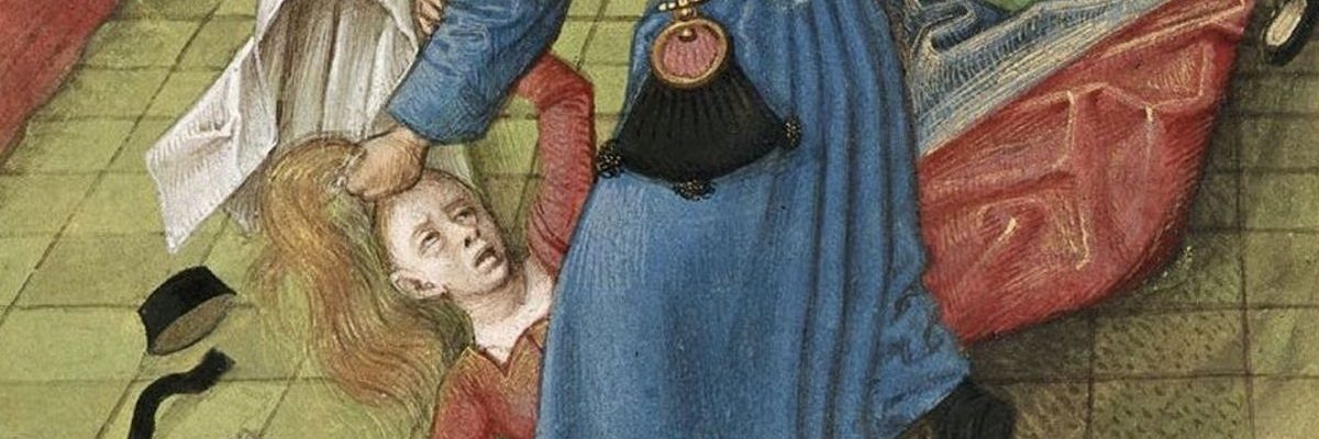 Napaść na kobietę na późnośredniowiecznej miniaturze.