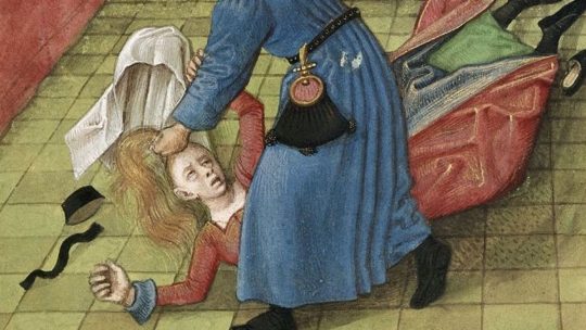 Napaść na kobietę na późnośredniowiecznej miniaturze.