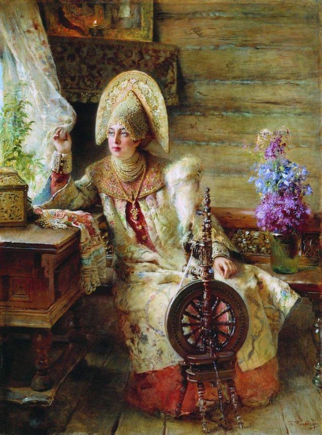 Żona bojara przy kołowrotku. Tak wyobrażał ją sobie XIX-wieczny malarz Konstantin Makowski (domena publiczna).