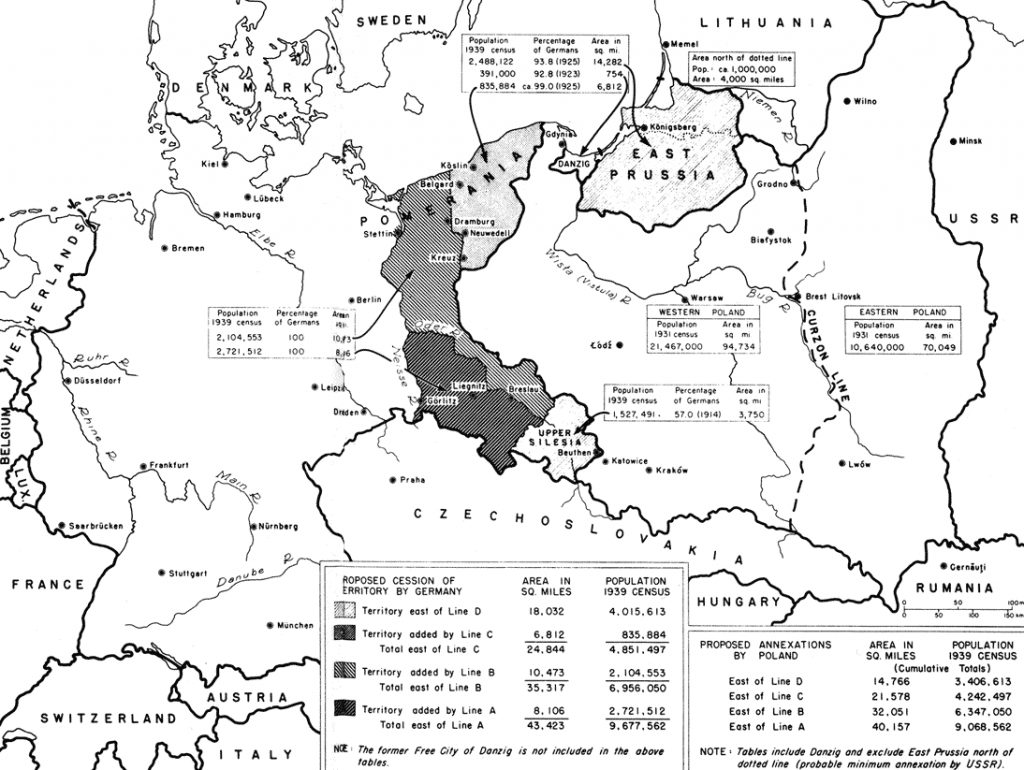 Amerykańska mapa z początku 1945 roku z propozycjami zmian terytorialnych między Polską a Niemcami (domena publiczna).