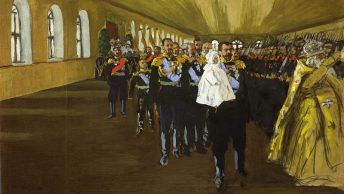 Car Mikołaj II Romanow z synem na rękach. Obraz z 1905 roku.