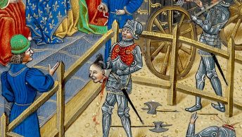 Jean de Carrouges z głową ofiary w dłoni. Miniatura z epoki
