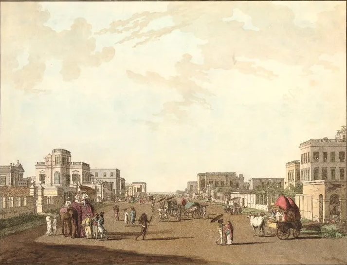 Kalkuta szybko stała się prawdziwą metropolią. Na rysunku z lat 80. XVIII wieku widoczna jedna z ulic miasta (domena publiczna).