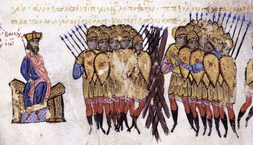 Michał IV i żołnierze bizantyńscy przed bułgarską palisadą.
