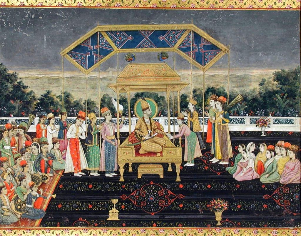 Nadir Śah siedzący na Pawim Tronie. Obraz z połowy XIX wieku (domena publiczna).