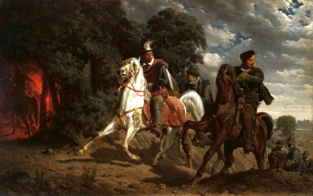 Obraz Artura Grottgera przedstawiający ucieczkę Henryka Walezego z Polski (domena publiczna).