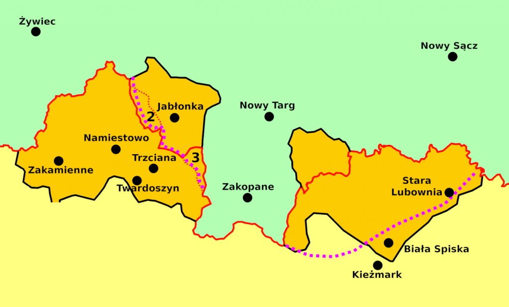 Obszar na Spiszu i Orawie, o który do 1924 roku toczył się spór Warszawy i Pragi (Mix321/GFDL).