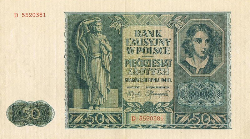 Okupacyjny banknot 50-złotowy z Emilią Plater