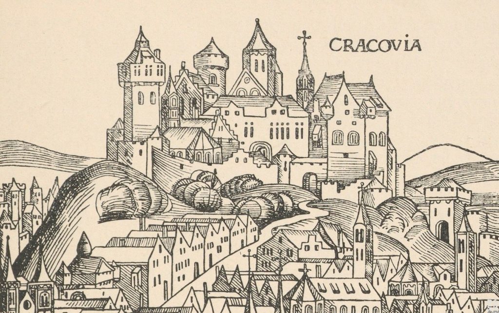 Wyobrażenie Wawelu z końca XV wieku. Ilustracja z kroniki Hartmana Schedla (domena publiczna).