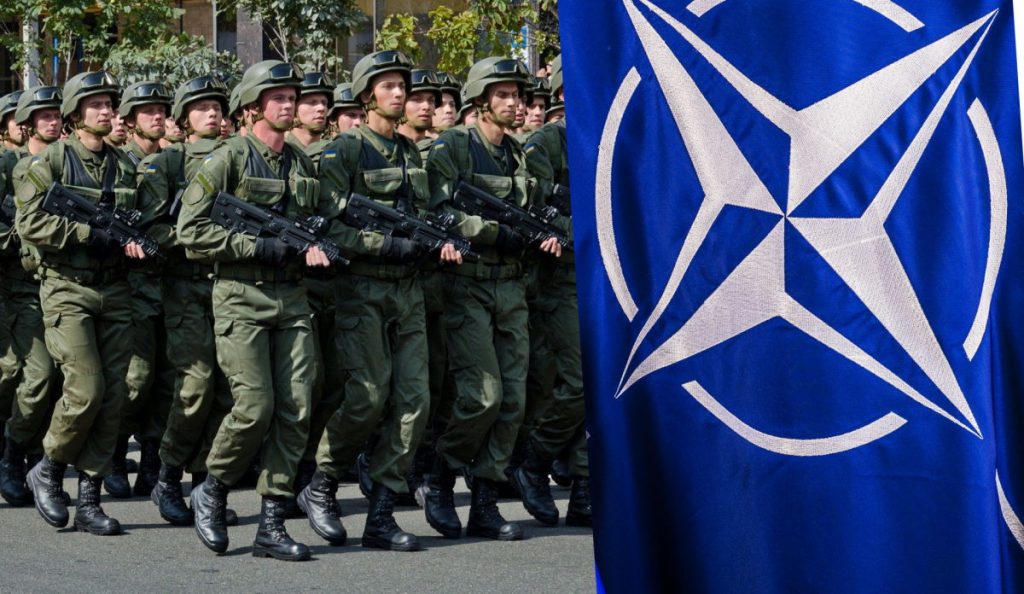 Żołnierze ukraińscy i fragment flagi NATO.