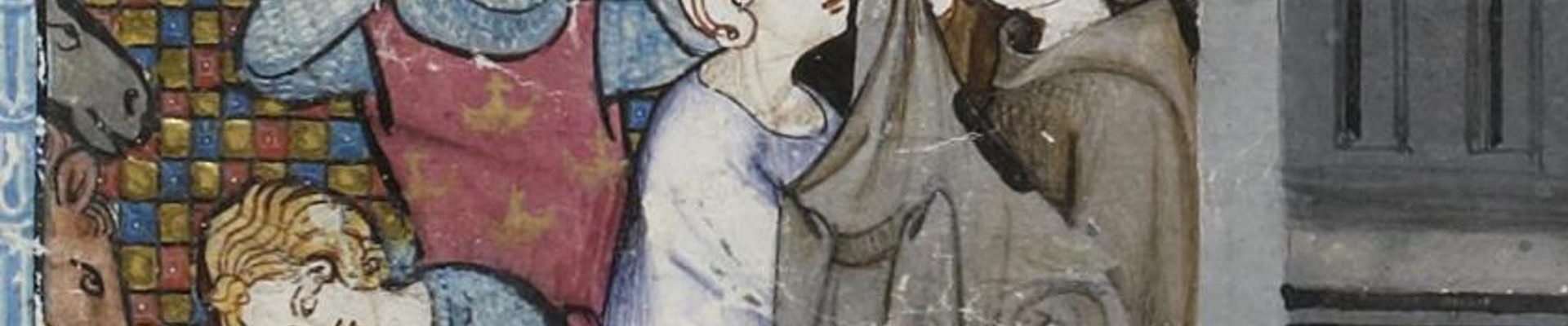 Kobieta w drzwiach kościoła na francuskiej miniaturze z XIV wieku