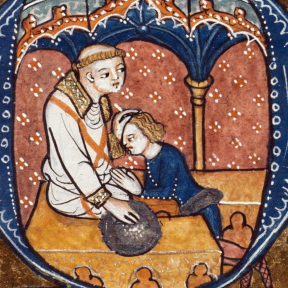Ksiądz wysłuchujący spowiedzi. Angielska miniatura z XIV stulecia.