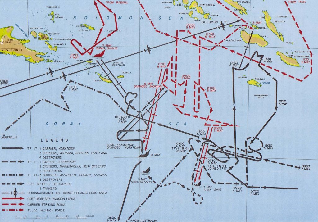 Mapa pokazująca ruchy amerykańskich i japońskich okrętów podczas bitwy na Morzu Koralowym (domena publiczna).