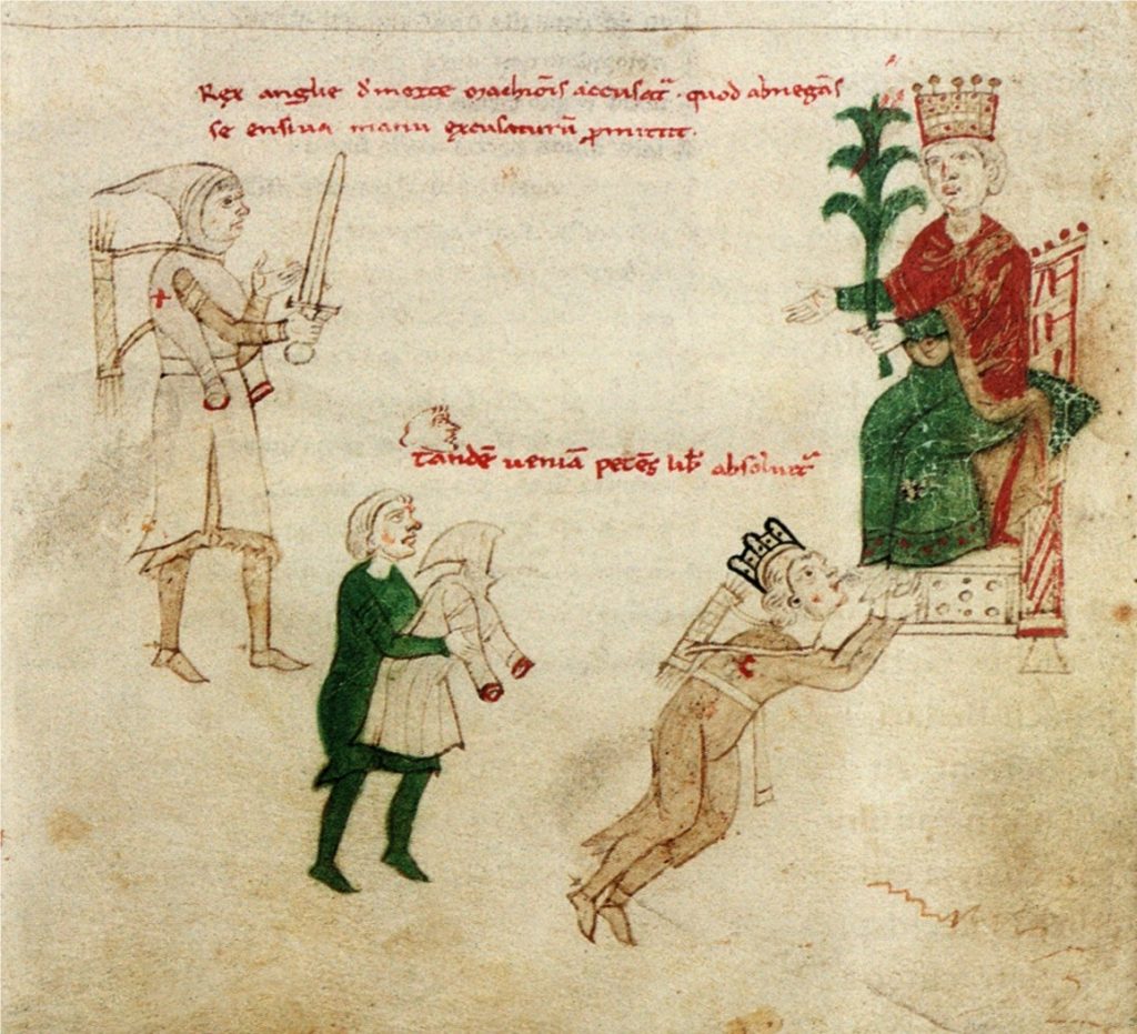 Ryszard Lwie Serce korzący się u stóp cesarza Henryka VI. Ilustracja z końca XIII wieku (domena publiczna).
