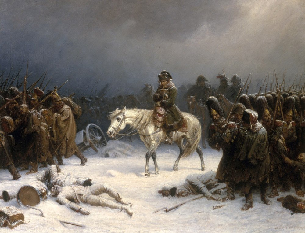 Obraz Adolpha Northena przedstawiający odwrót Napoleona z Moskwy (domena publiczna).