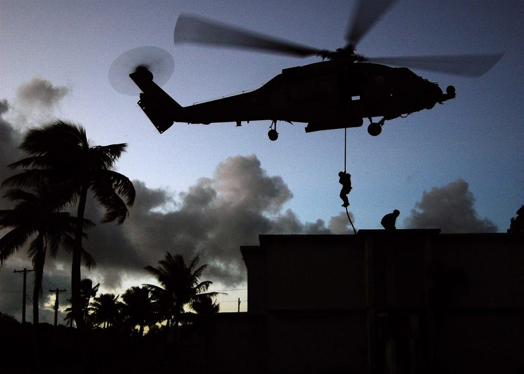 Operatorzy Navy SEALs trenujący szturmowanie budynku (domena publiczna).