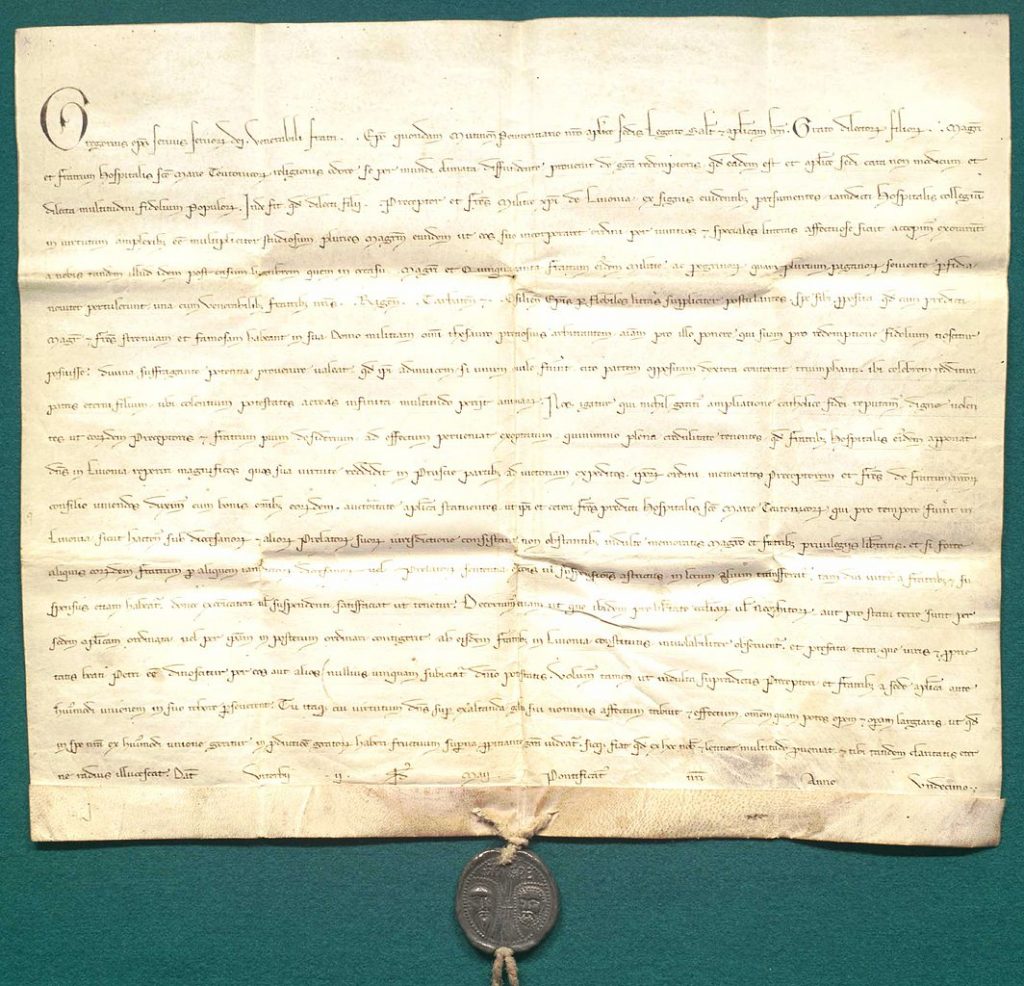 Pismo papieża Grzegorza IX w sprawie połączenia zakonu kawalerów mieczowych z zakonem krzyżackim w Liwonii (domena publiczna).