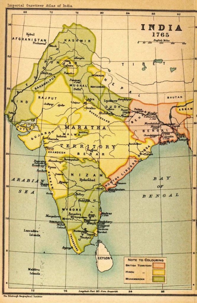 Podział terytorialny Indii w 1765 roku. Czerwonym kolorem zaznaczone obszary kontrolowane przez Brytyjczyków (domena publiczna).
