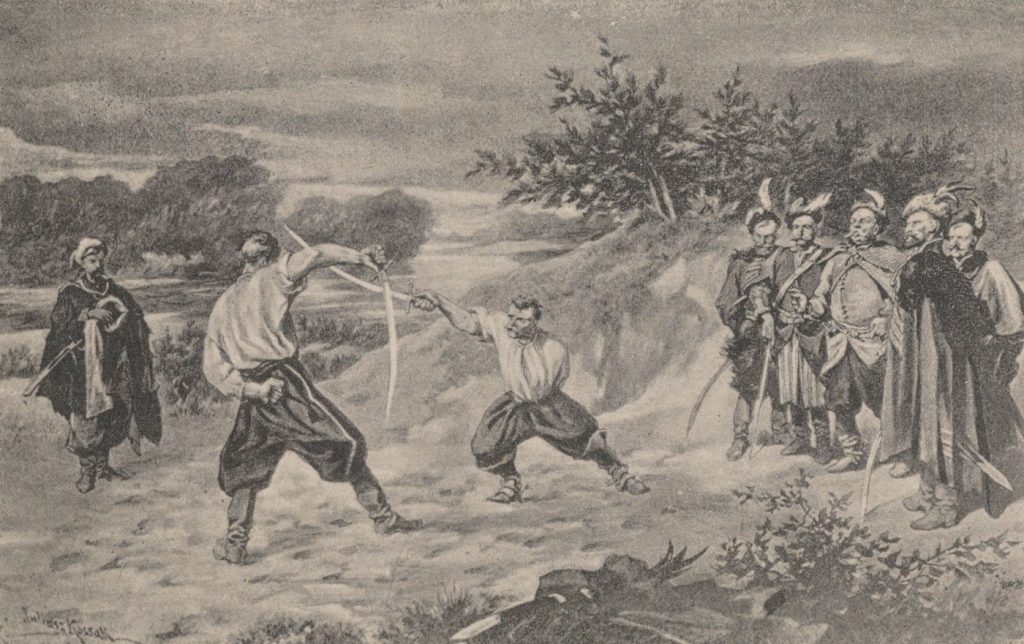 Rysunek Julisza Kossaka przedstawiający pojedynek na szable Wołodyjowskiego z Bohunem (domena publiczna).
