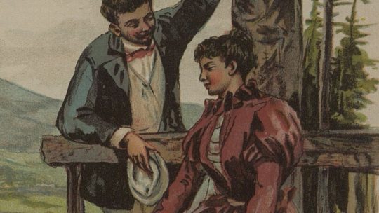 Scena flirtu. Grafika z końca XIX wieku.