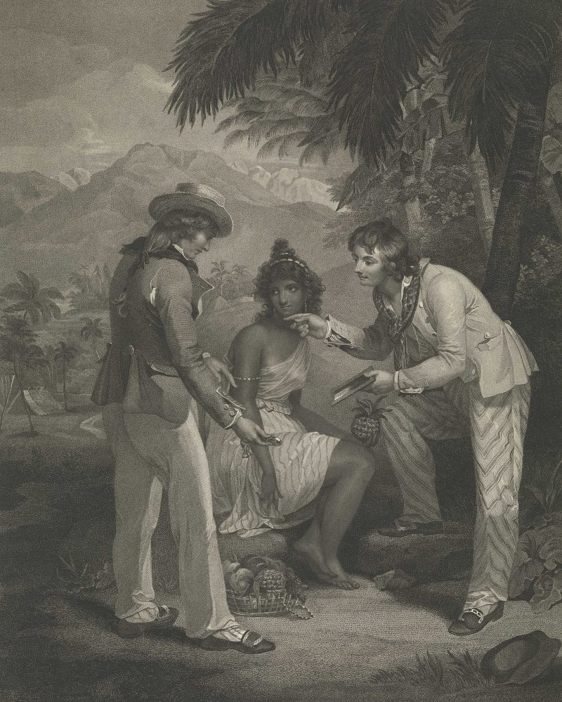 Sielankowy rysunek z końca XVIII wieku przedstawiający dwóch angielskich marynarzy oferujących Hindusce zegarek i lusterko za owoce. W rzeczywistości Brytyjczycy nic nie dawali, a tylko zabierali (Henry Singleton/domena publiczna).