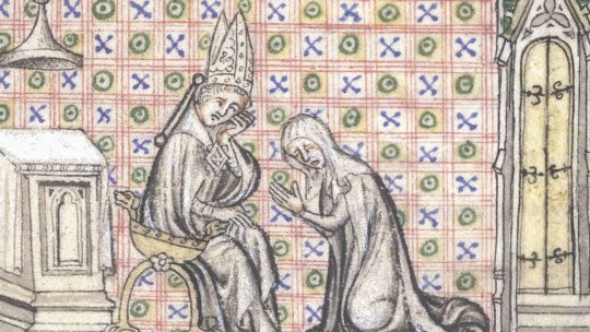 Spowiedź na francuskiej miniaturze z XIV wieku.