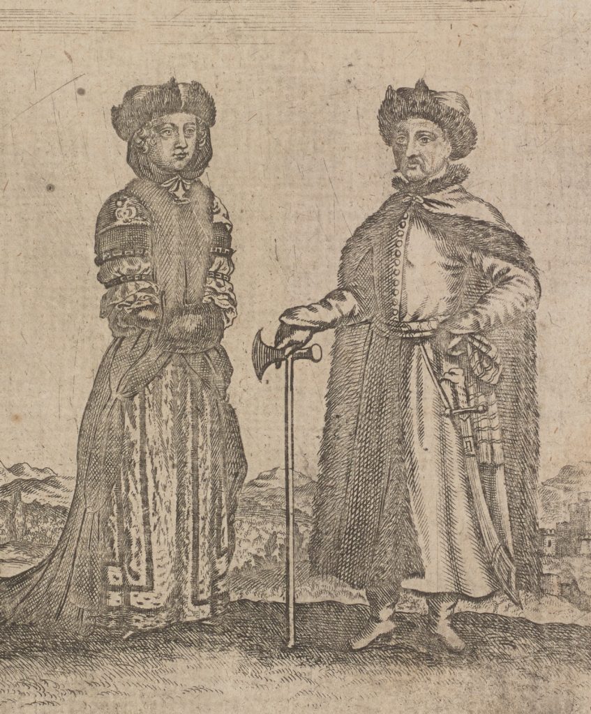 Machówna podszywając się pod szlachciankę wywołała jeden z największych skandali XVII wieku. Na ilustracji z epoki wizerunki pary polskich szlachciców (domena publiczna).