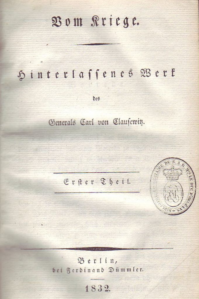 Strona tytułowa pierwszego wydania O wojnie. Oryginał niemiecki, rok 1832.