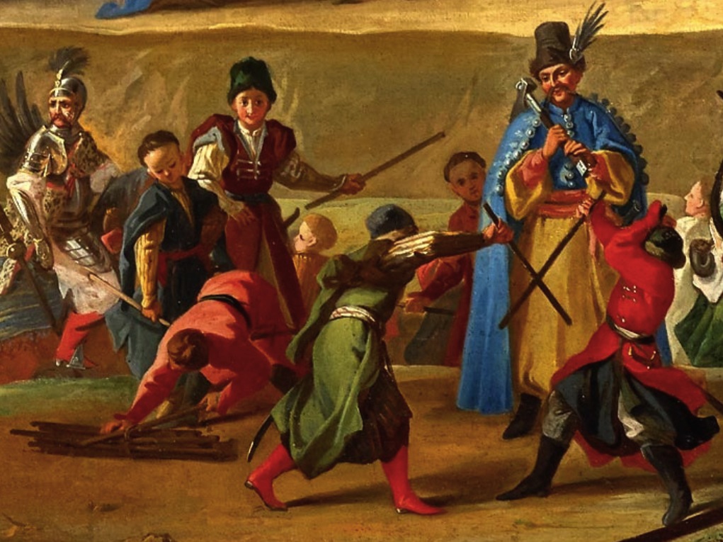 Szlacheccy synowie ćwiczący z palcatem. Fragment obrazu Martino Altomont Sejm elekcyjny 1697 roku (domena publiczna).