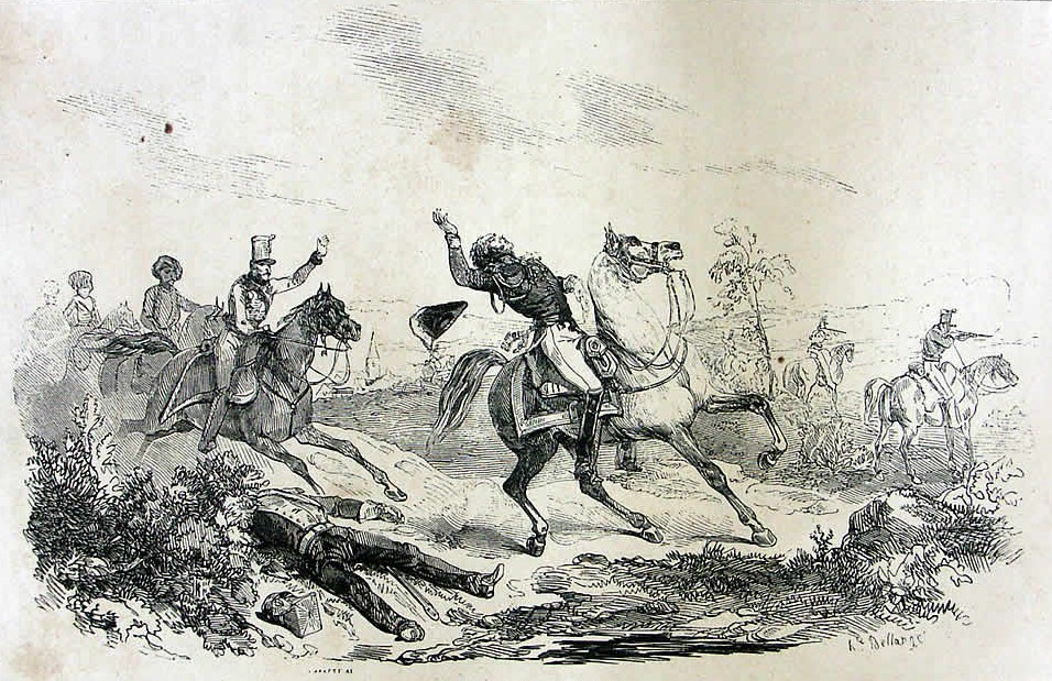 XIX-wieczny rysunek przedstawiający śmierć marszałka Jeana-Baptiste'a Bessières'a (domena publiczna).