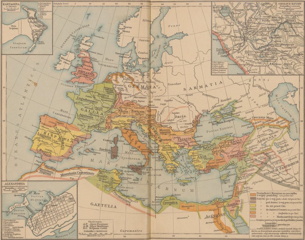 Mapa Cesarstwa Rzymskiego u szzczytu jego potęgi. Poszczególnymi kolorami zaznaczono kolejne podboje (Friedrich Wilhelm Putzger/domena publiczna).
