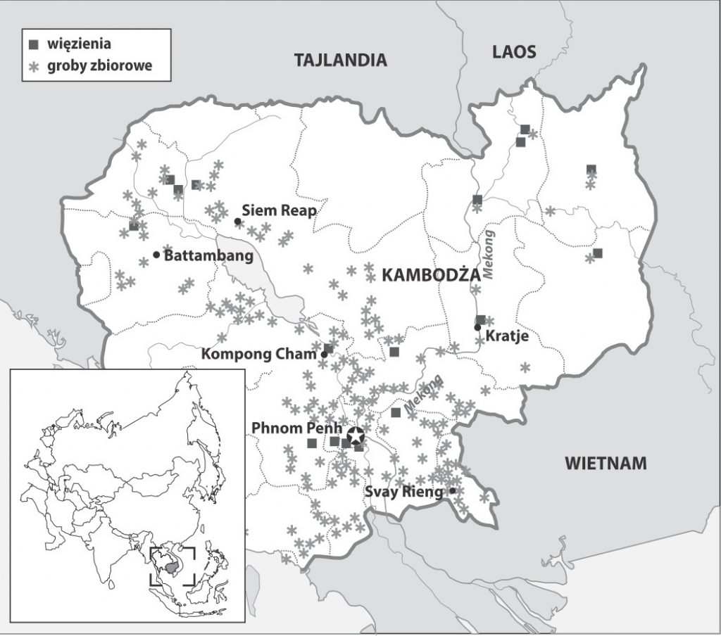 Mapa z książki Ostateczne rozwiązania przedstawiająca miejsca związane z ludobójstwem dokonanym przez Czerwonych Khmerów (materiały prasowe).
