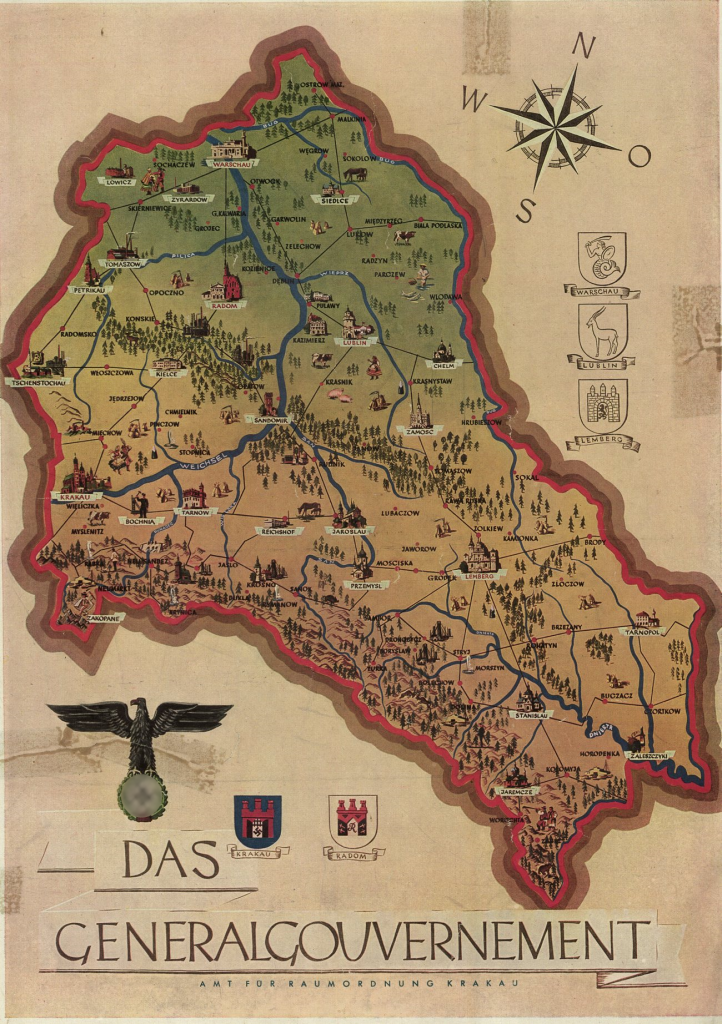 Niemiecka mapa Generalnego Gubernatorstwa wykonana już po inwazji III Rzeszy na ZSRS (domena publiczna).