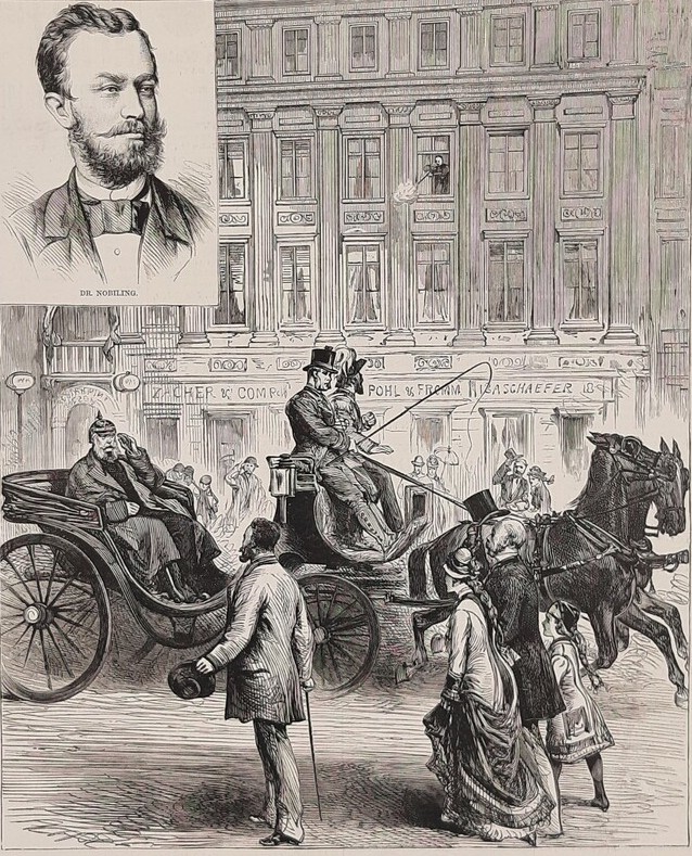 Rysunek z „Illustrated London News” przedstawuający zamach Karla Nobilinga na cesarza Wilhelma I (domena publiczna).